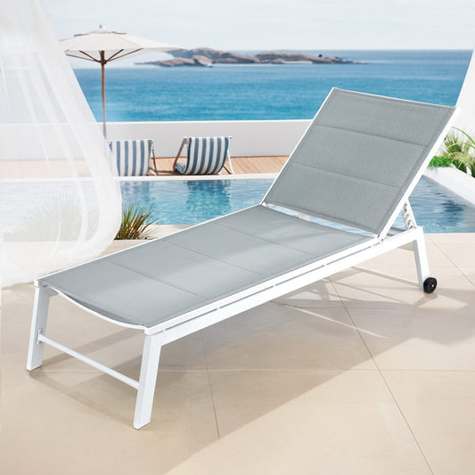 TWSC Sun Lounger Chaise Lounge Wheels Patio Furniture Outdoor Setting White