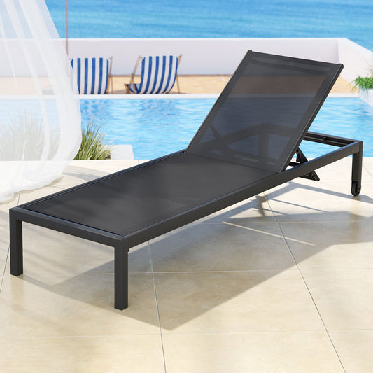 TWSC Sun Lounge Outdoor Lounger Aluminium Folding Beach Chair Wheels Black