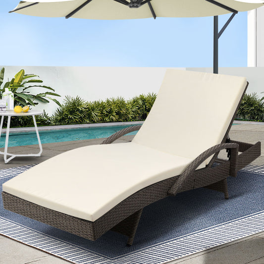 TWSC Sun Lounge Wicker Lounger Outdoor Furniture Beach Chair Patio Adjustable Cushion Grey&Beige