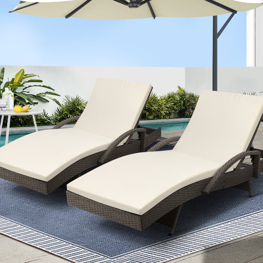 TWSC 2PC Sun Lounge Wicker Lounger Outdoor Furniture Beach Chair Adjustable Cushion Grey&Beige