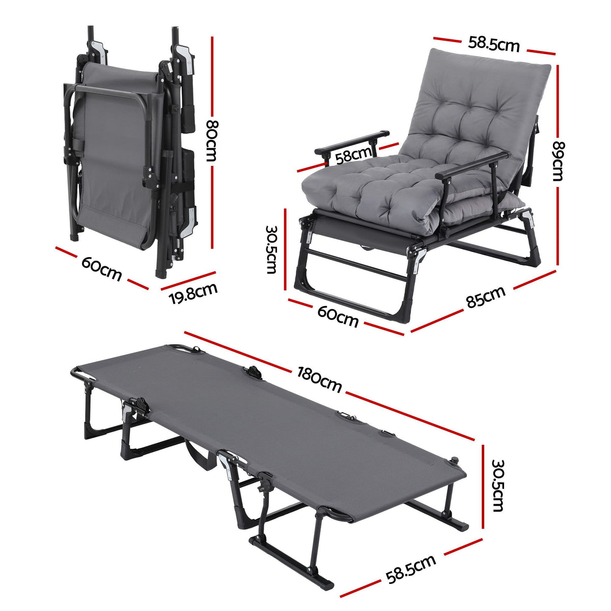 TWSC 3-in-1 Sun Lounger Folding Camping Chair Adjustable Recliner Patio Furniture for Office Nap, Poolside