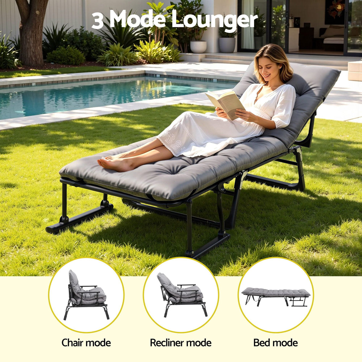 TWSC 3-in-1 Sun Lounger Folding Camping Chair Adjustable Recliner Patio Furniture for Office Nap, Poolside