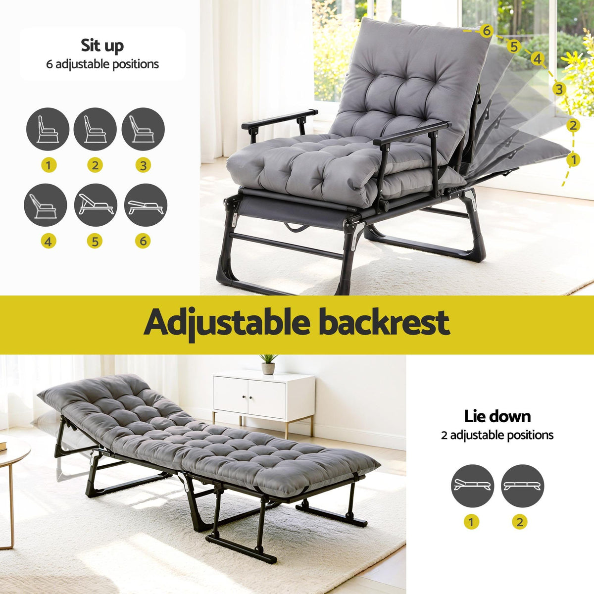 TWSC 3-in-1 Sun Lounger Folding Camping Chair Adjustable Recliner Patio Furniture for Office Nap, Poolside