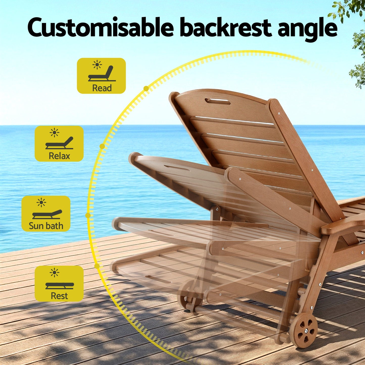 Sun Lounge Chair – Adjustable Recline, Brown HDPE with Wheels