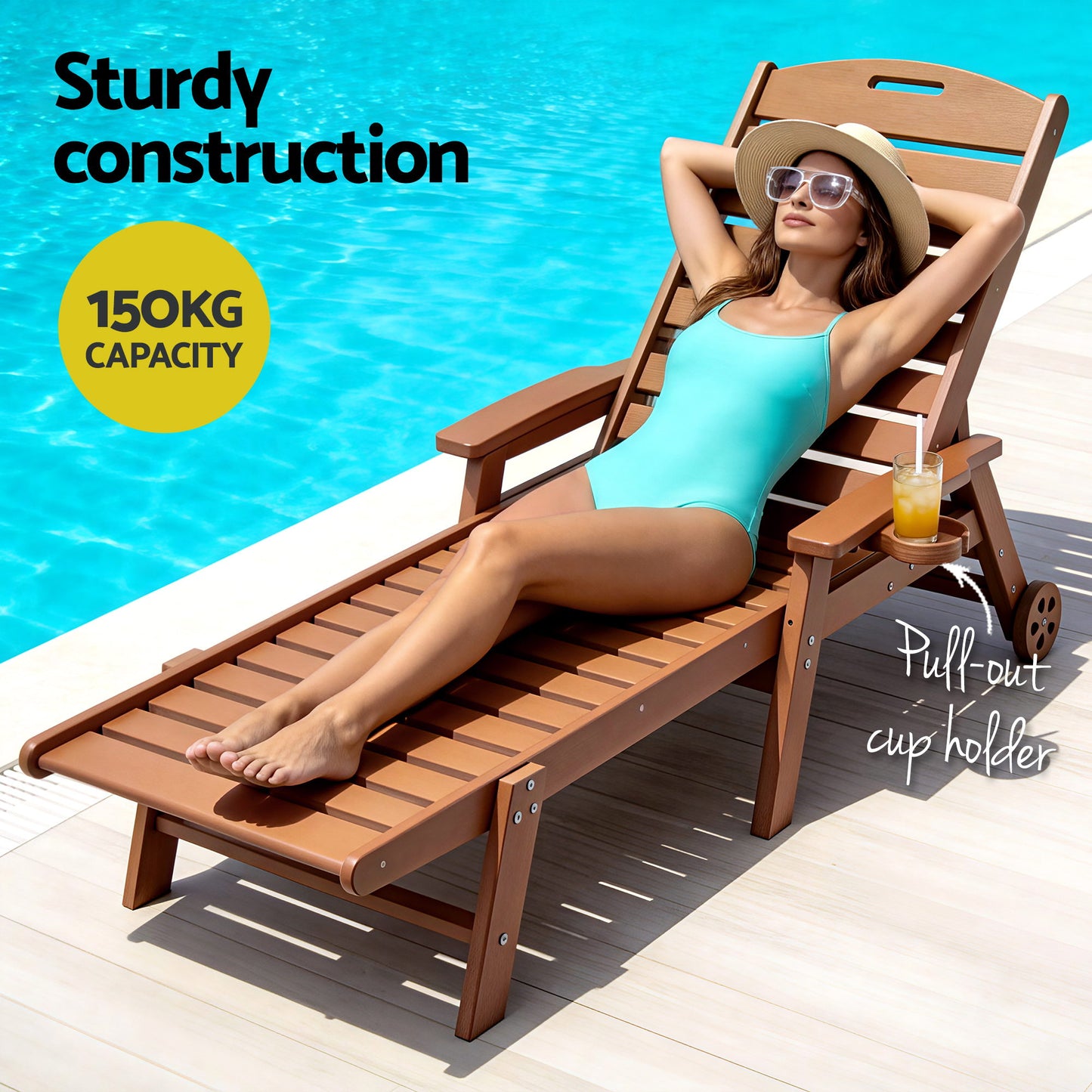 Sun Lounge Chair – Adjustable Recline, Brown HDPE with Wheels