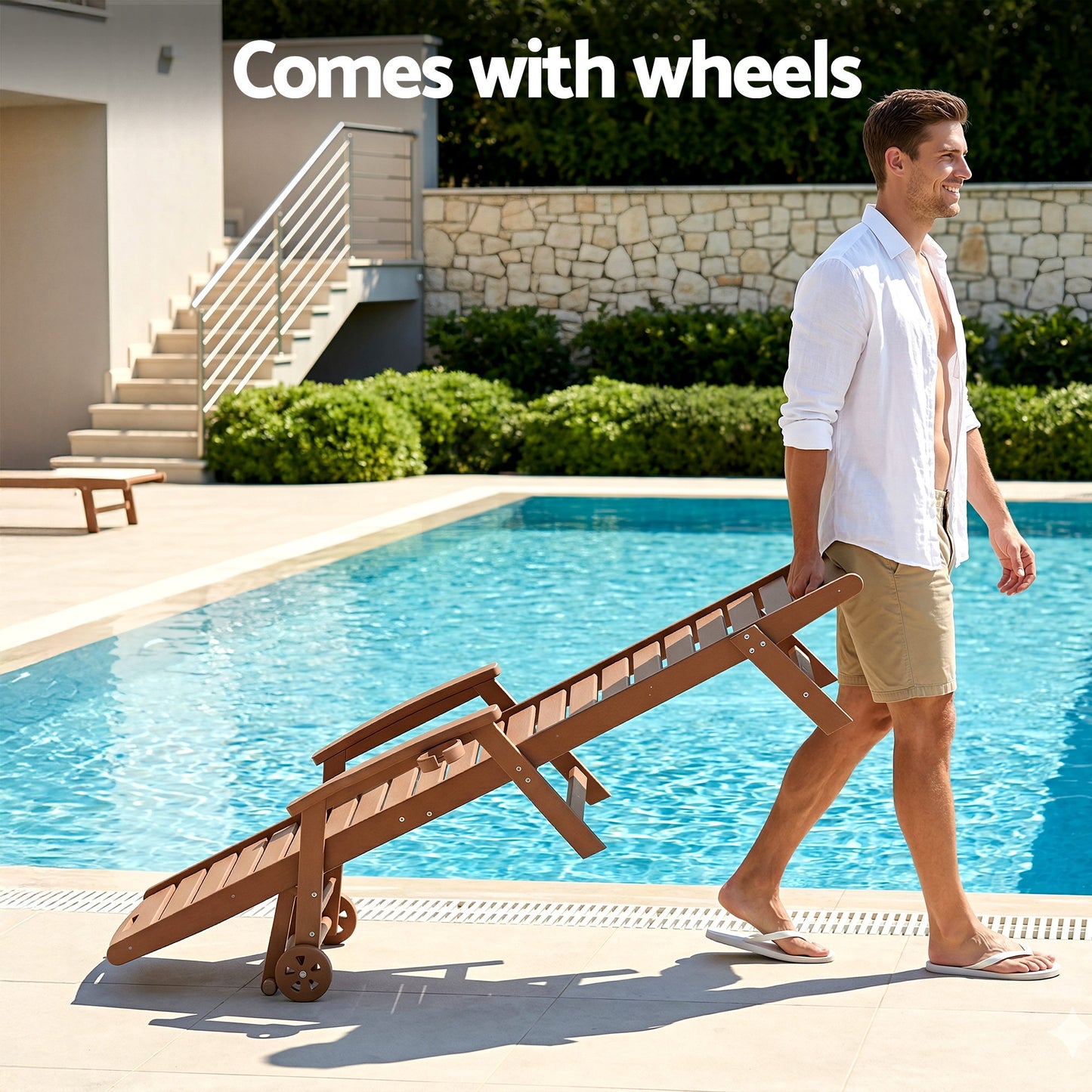 Sun Lounge Chair – Adjustable Recline, Brown HDPE with Wheels