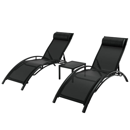 Gardeon black outdoor sun lounge set with weather-resistant steel frame, including table and chairs for patio relaxation