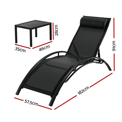 Gardeon black outdoor sun lounge set with weather-resistant steel frame, including lounge chairs and a matching table.