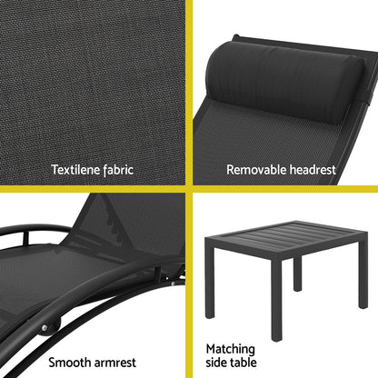 Gardeon black outdoor sun lounge set with weather-resistant steel frame, table, and chairs, ideal for patio relaxation