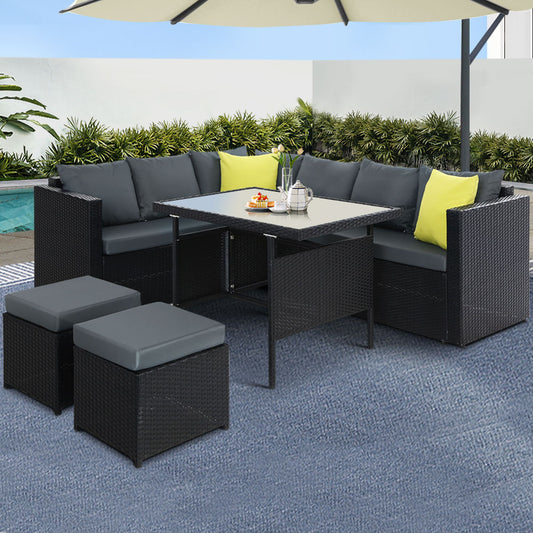 TWSC Outdoor Dining Set Aluminum Table Chairs Wicker Setting Black