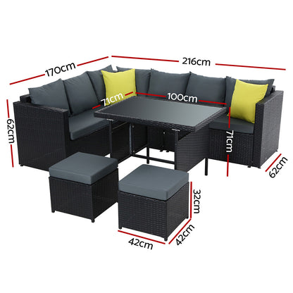 TWSC Outdoor Dining Set Aluminum Table Chairs Wicker Setting Black