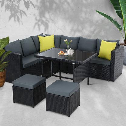 TWSC Outdoor Dining Set Aluminum Table Chairs Wicker Setting Black