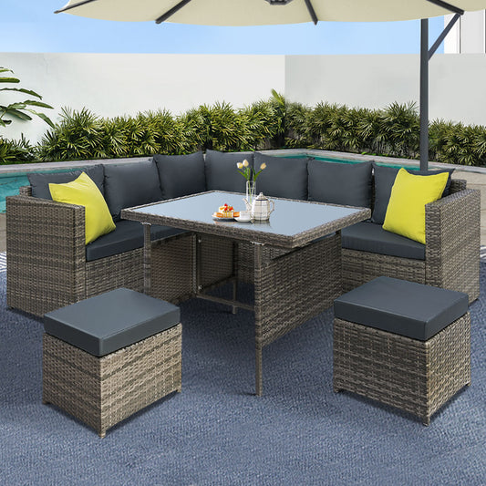 TWSC Outdoor Dining Set Aluminum Table Chairs Wicker Setting Grey