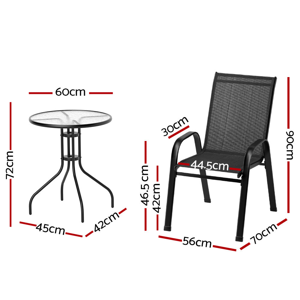 TWSC 3PC Outdoor Bistro Set Table and Chairs Stackable Patio Furniture Black