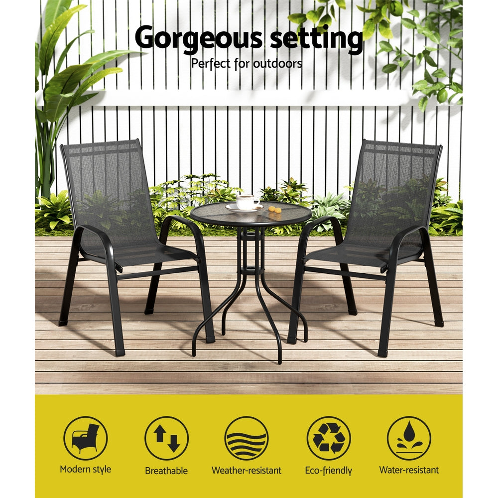 TWSC 3PC Outdoor Bistro Set Table and Chairs Stackable Patio Furniture Black