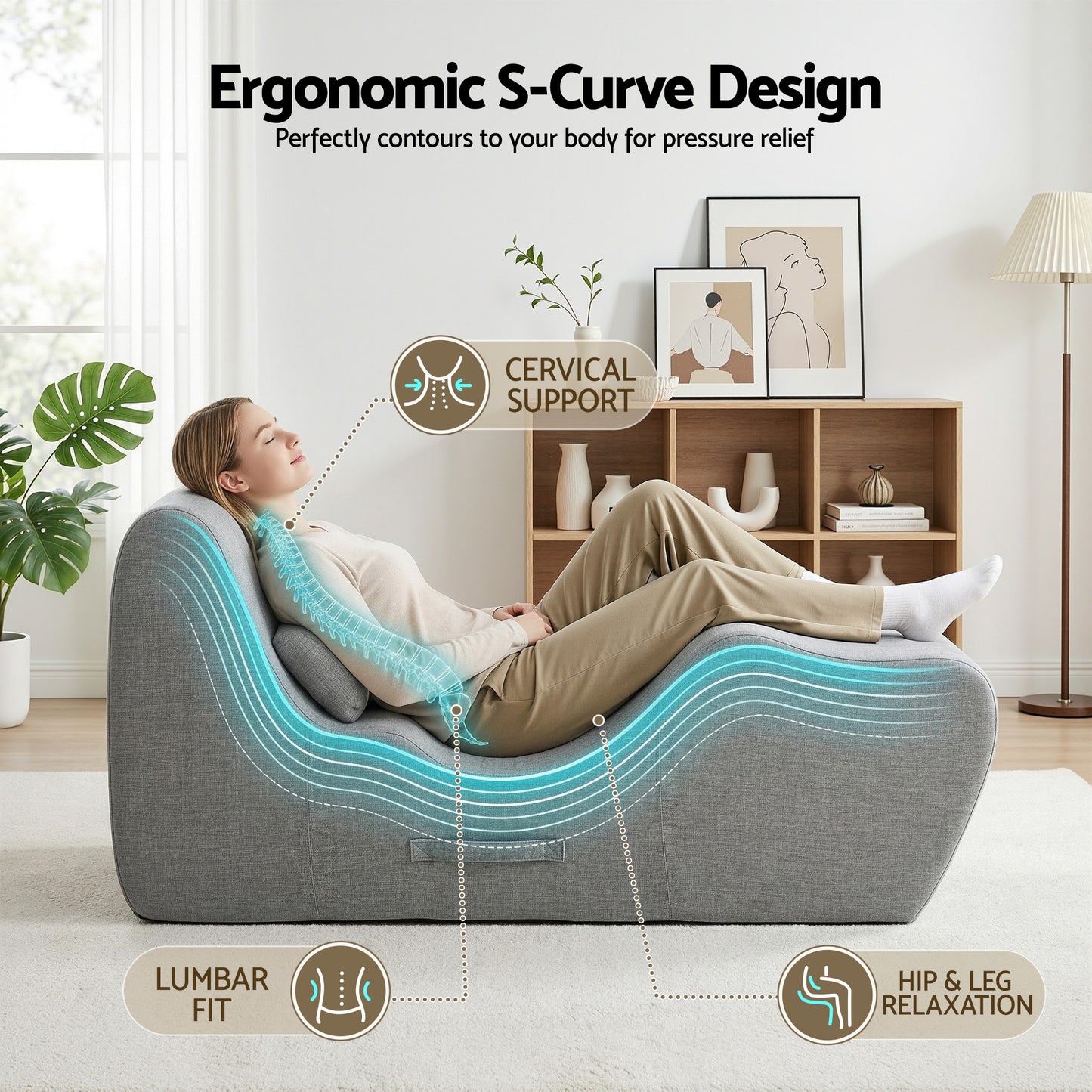 Chaise Lounge Chair – Ergonomic S-Curve Floor Lounger, Grey