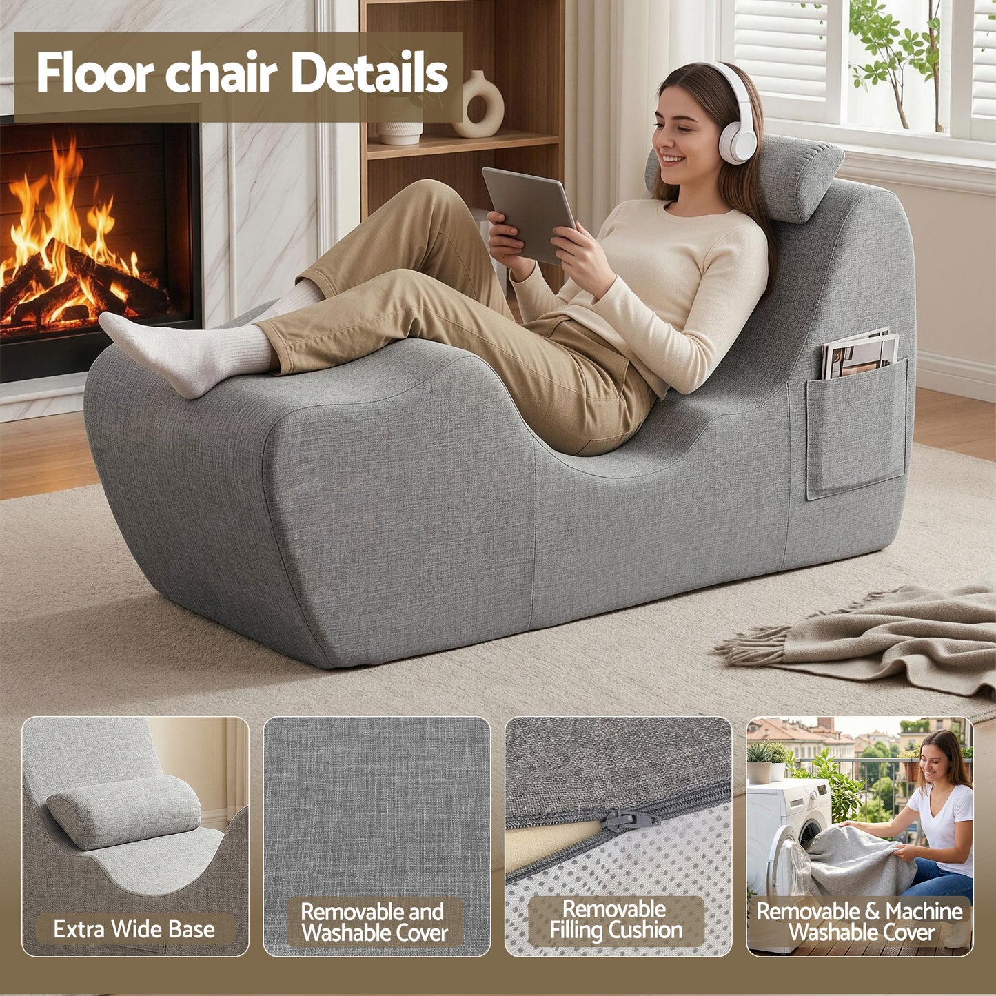 Chaise Lounge Chair – Ergonomic S-Curve Floor Lounger, Grey