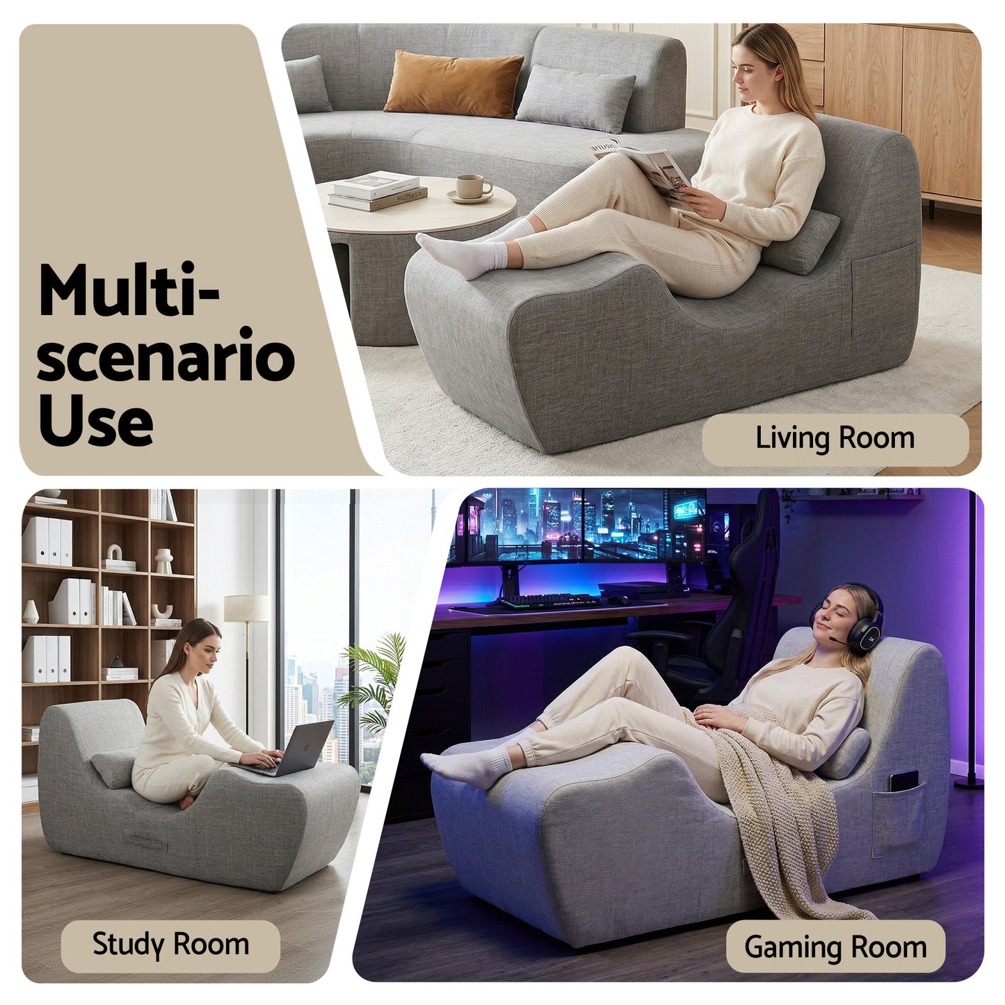 Chaise Lounge Chair – Ergonomic S-Curve Floor Lounger, Grey