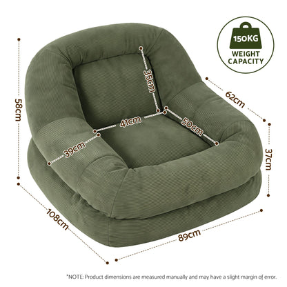 TWSC Armchair Floor Chair Couch Recliner 1 Seater Cloud Chaise Lounge Corduroy Green