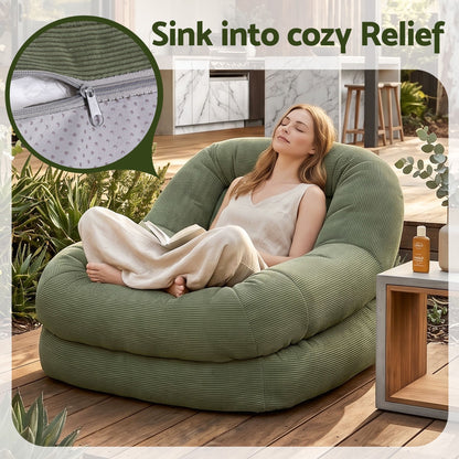 TWSC Armchair Floor Chair Couch Recliner 1 Seater Cloud Chaise Lounge Corduroy Green