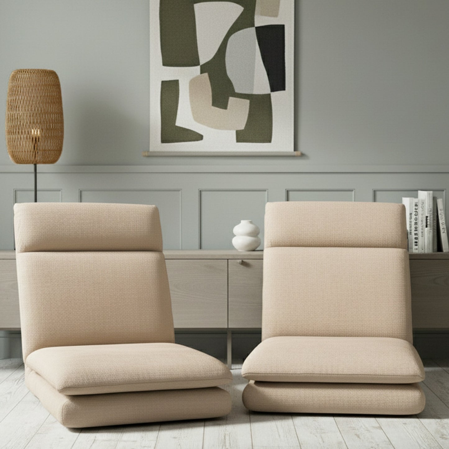 Floor Chair Sofa – Linen Beige, Foldable Recliner Set of 2