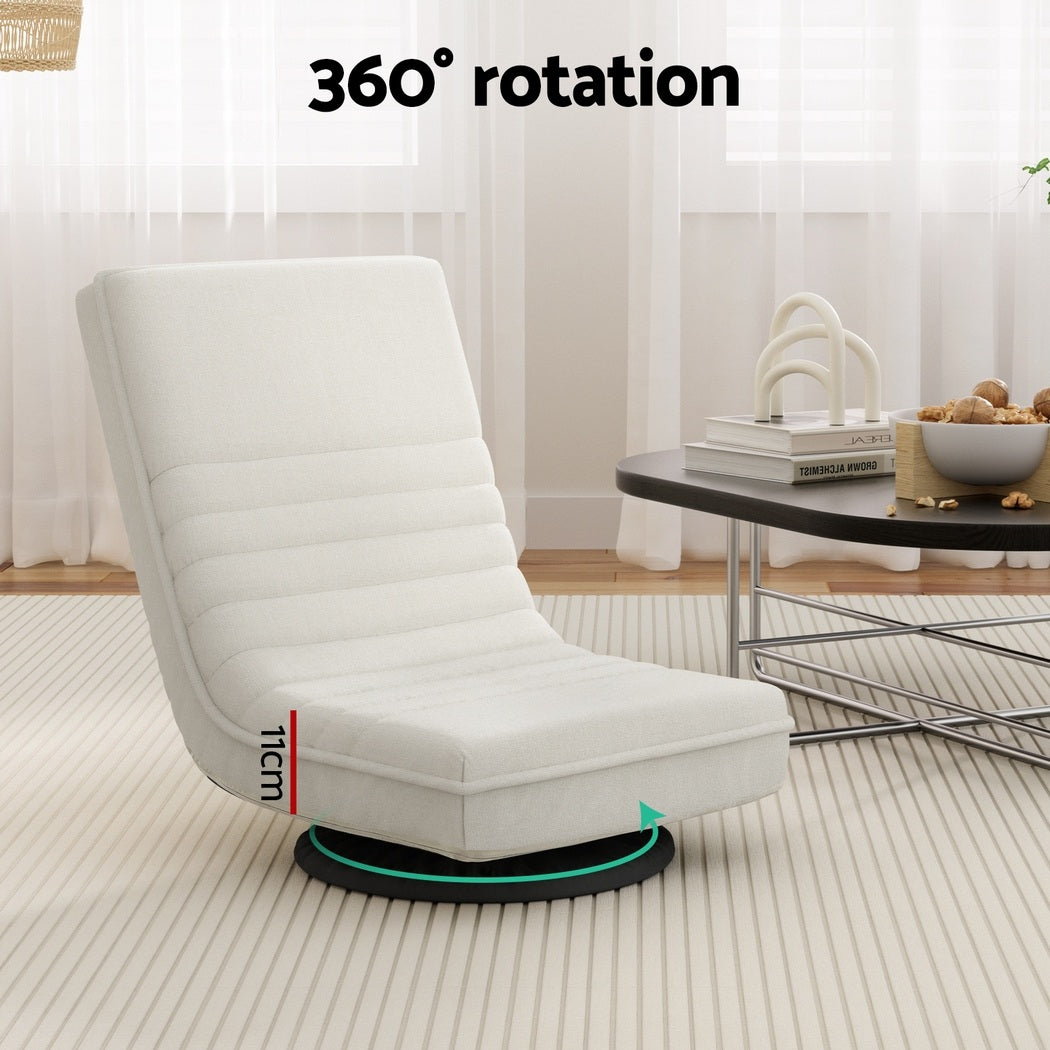 Floor Lounge Chair – Swivel, Foldable, White Linen