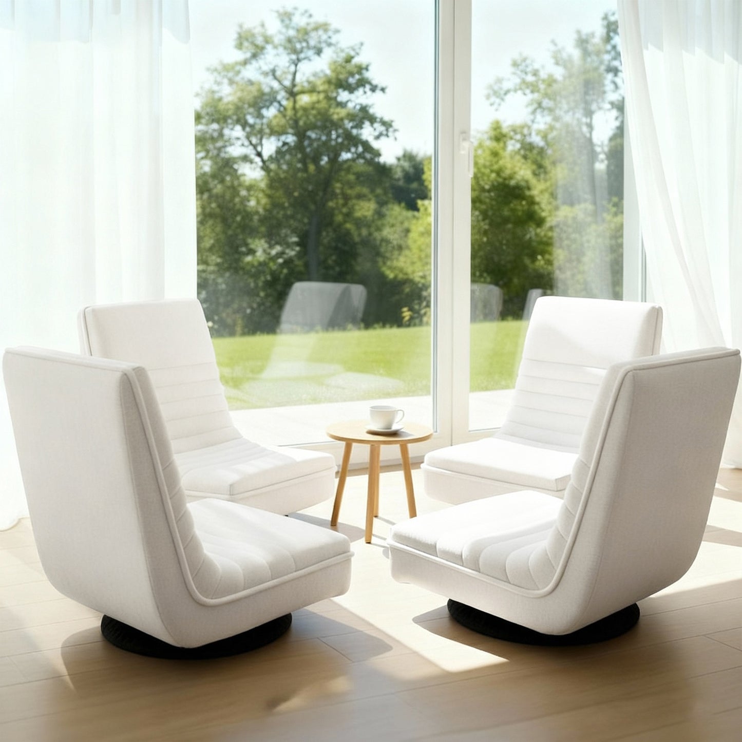 Floor Lounge Chair – Swivel, Foldable, White Linen