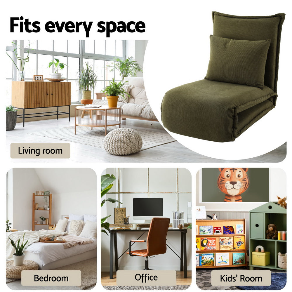 Floor Lounge Sofa Bed – Foldable, Adjustable, Green Corduroy