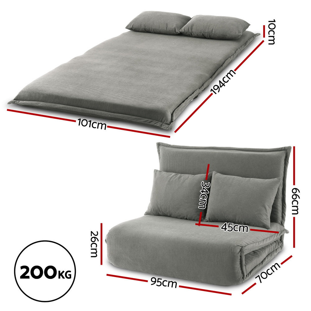 Floor Lounge Sofa Bed – Foldable 2-Seater in Grey Corduroy