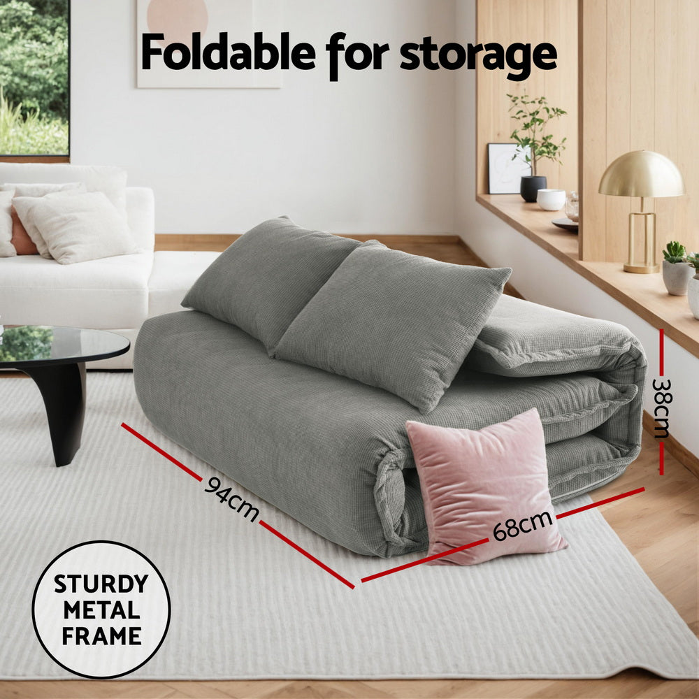 Floor Lounge Sofa Bed – Foldable 2-Seater in Grey Corduroy