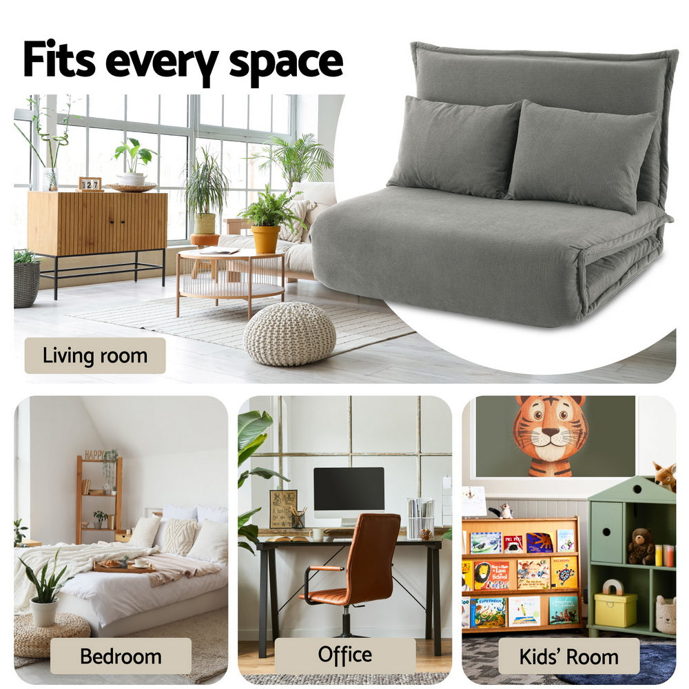 Floor Lounge Sofa Bed – Foldable 2-Seater in Grey Corduroy