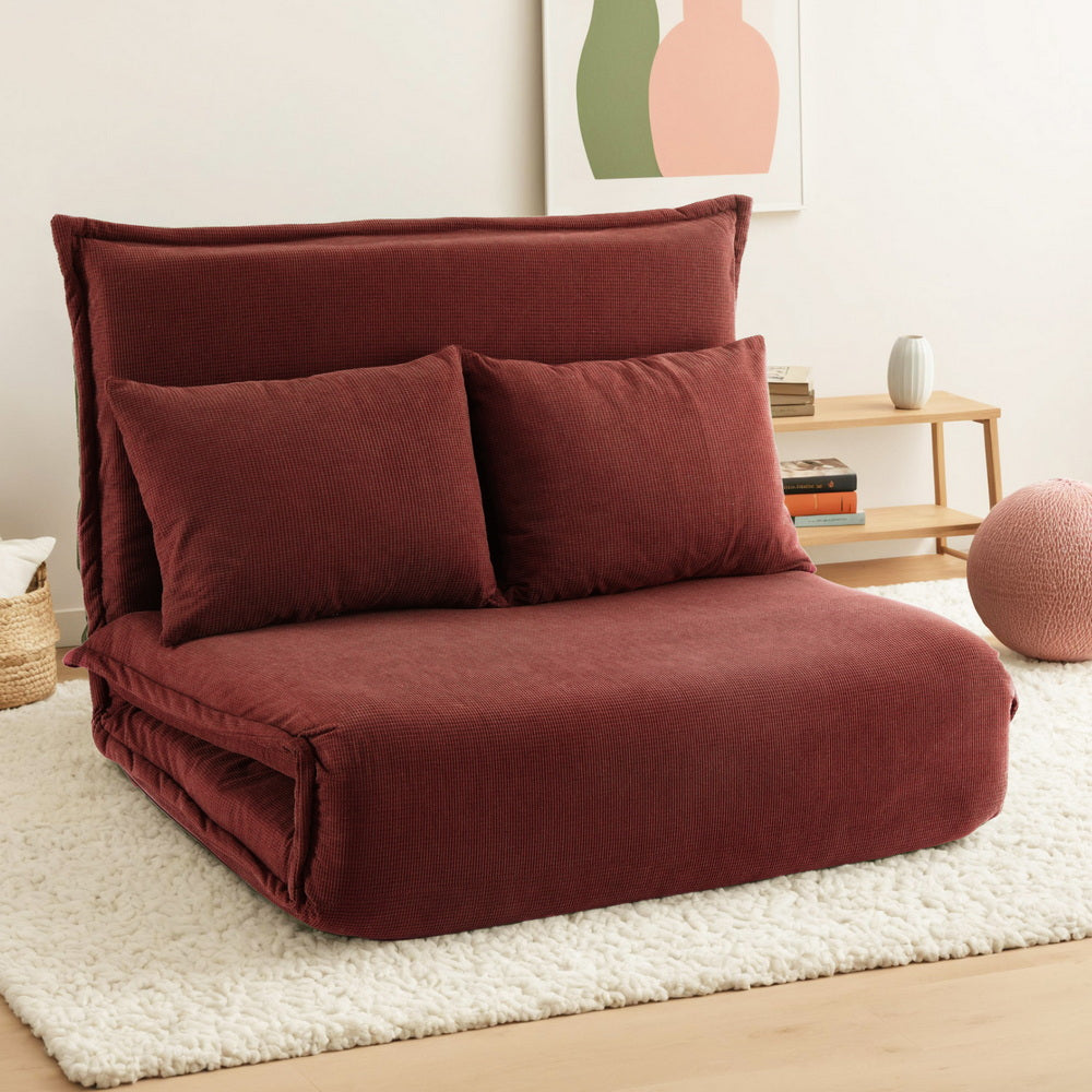 Floor Lounge Sofa Bed – Foldable 2-Seater in Orange Corduroy