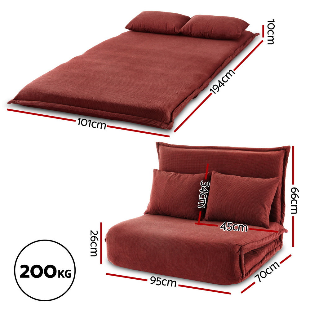 Floor Lounge Sofa Bed – Foldable 2-Seater in Orange Corduroy