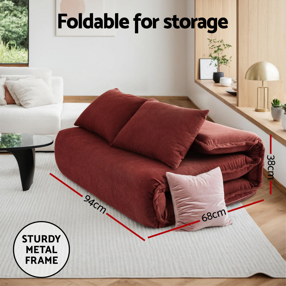 Floor Lounge Sofa Bed – Foldable 2-Seater in Orange Corduroy