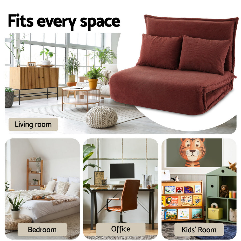 Floor Lounge Sofa Bed – Foldable 2-Seater in Orange Corduroy