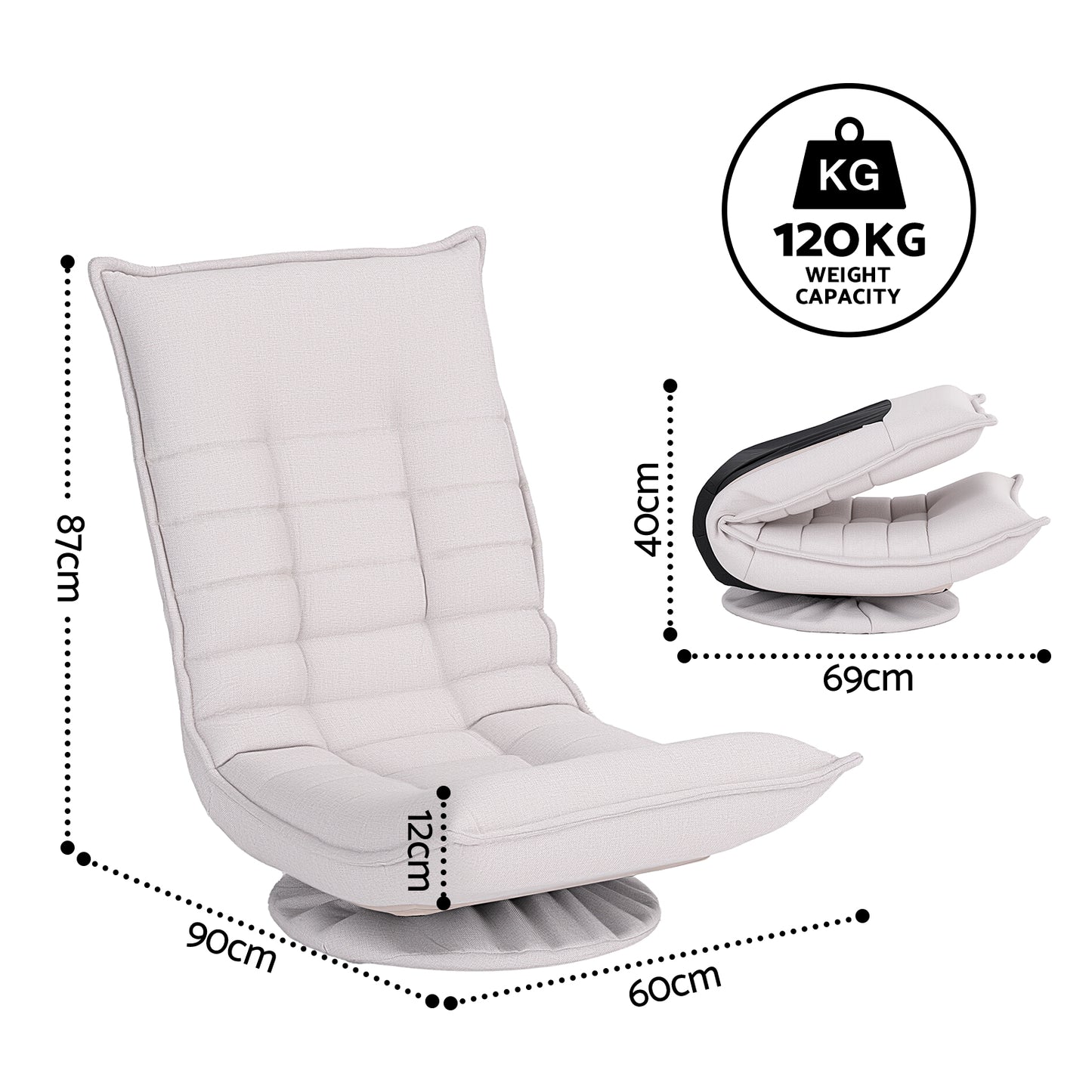 TWSC Swivel Floor Chair 5 Adjustable Foldable Lounge Seat Floor Sofa Chair Beige Grey