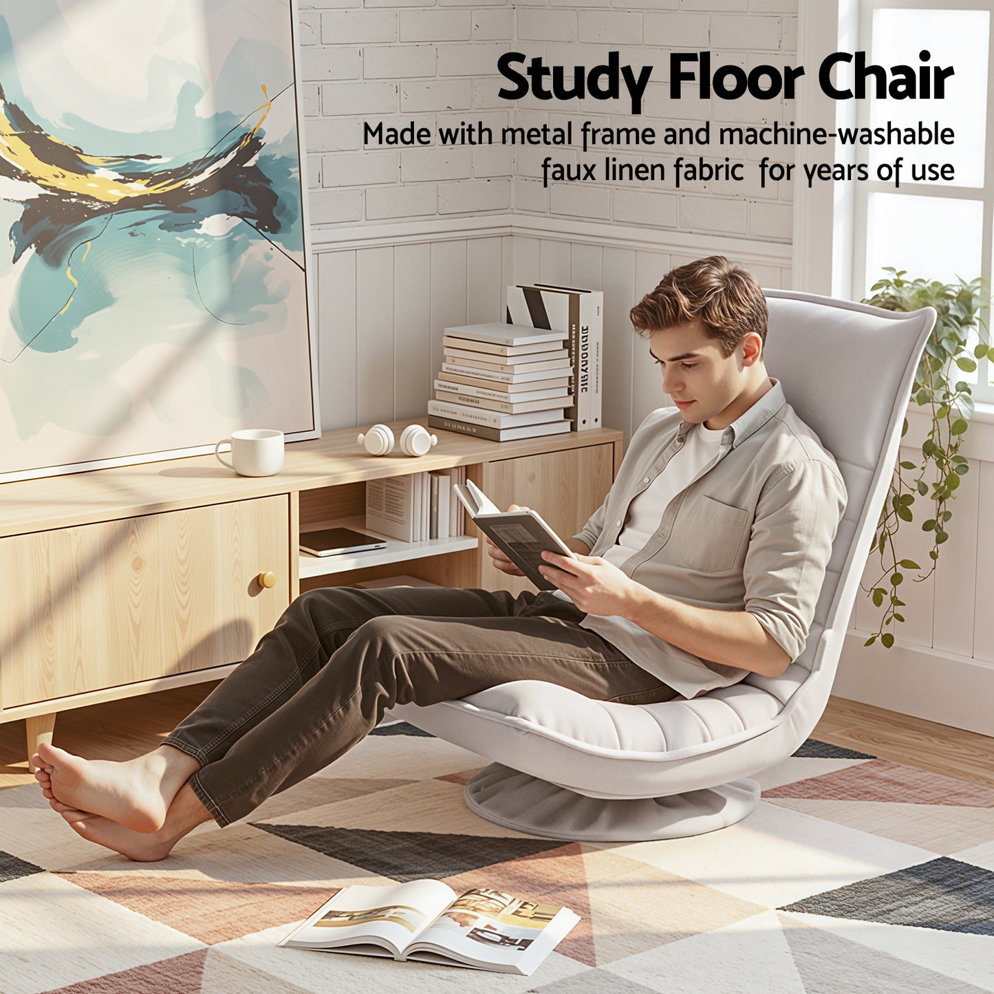 TWSC Swivel Floor Chair 5 Adjustable Foldable Lounge Seat Floor Sofa Chair Beige Grey