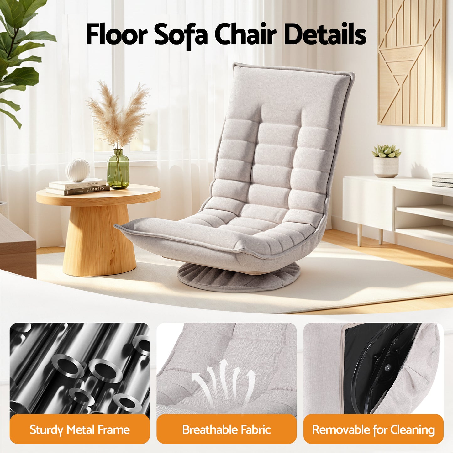 TWSC Swivel Floor Chair 5 Adjustable Foldable Lounge Seat Floor Sofa Chair Beige Grey