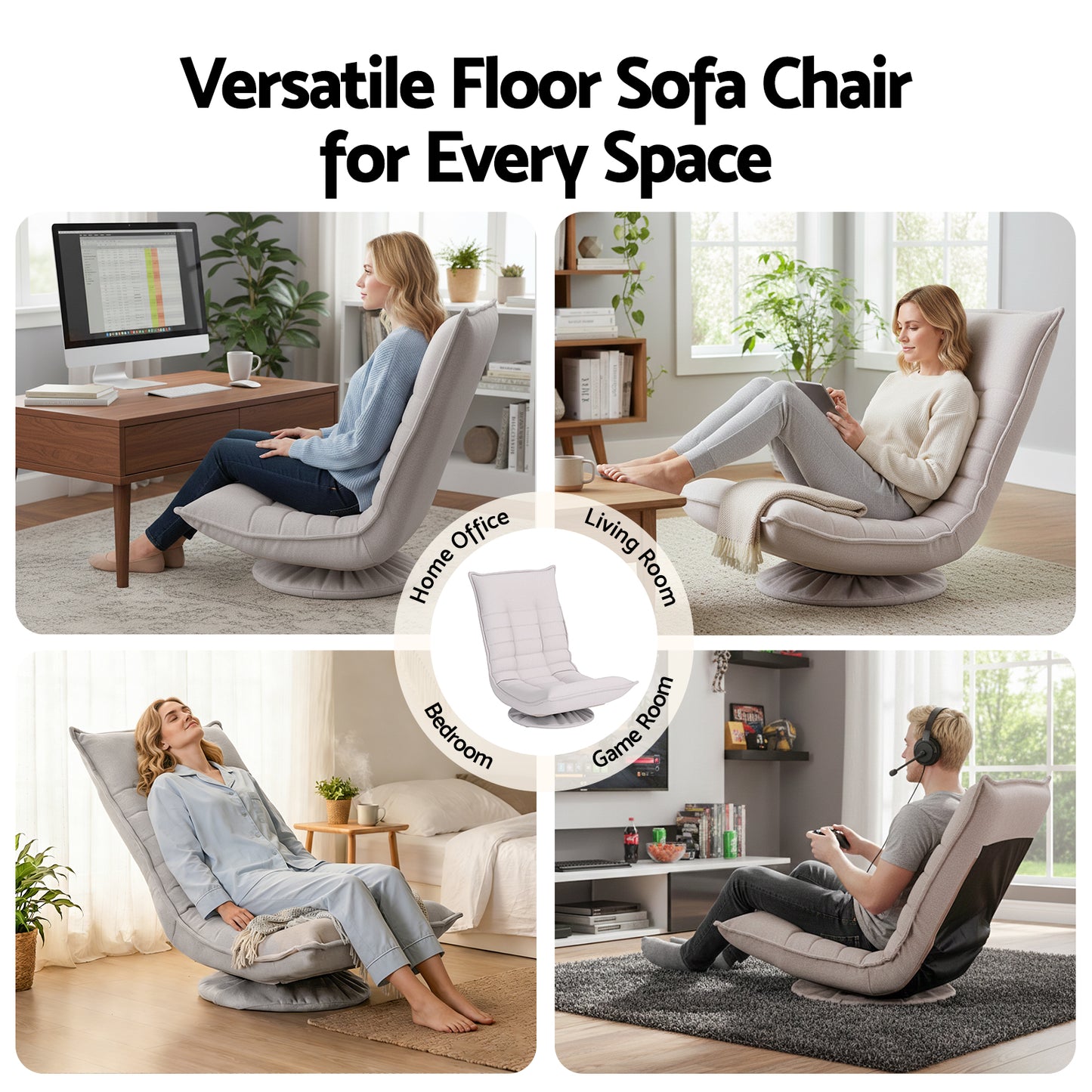 TWSC Swivel Floor Chair 5 Adjustable Foldable Lounge Seat Floor Sofa Chair Beige Grey