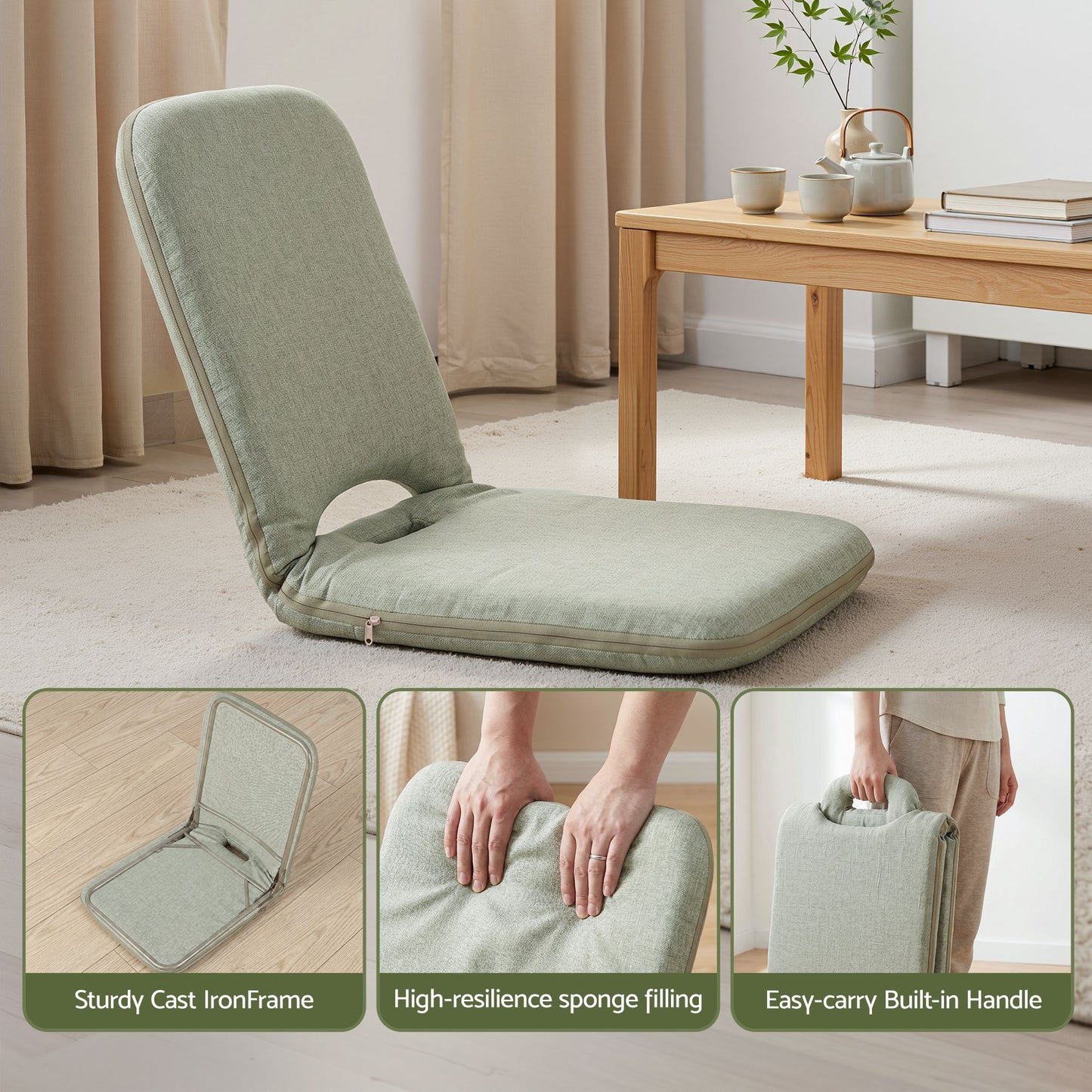 TWSC Floor Chair 5 Position Adjustable Green Lazy Sofa for Living Room Bedroom