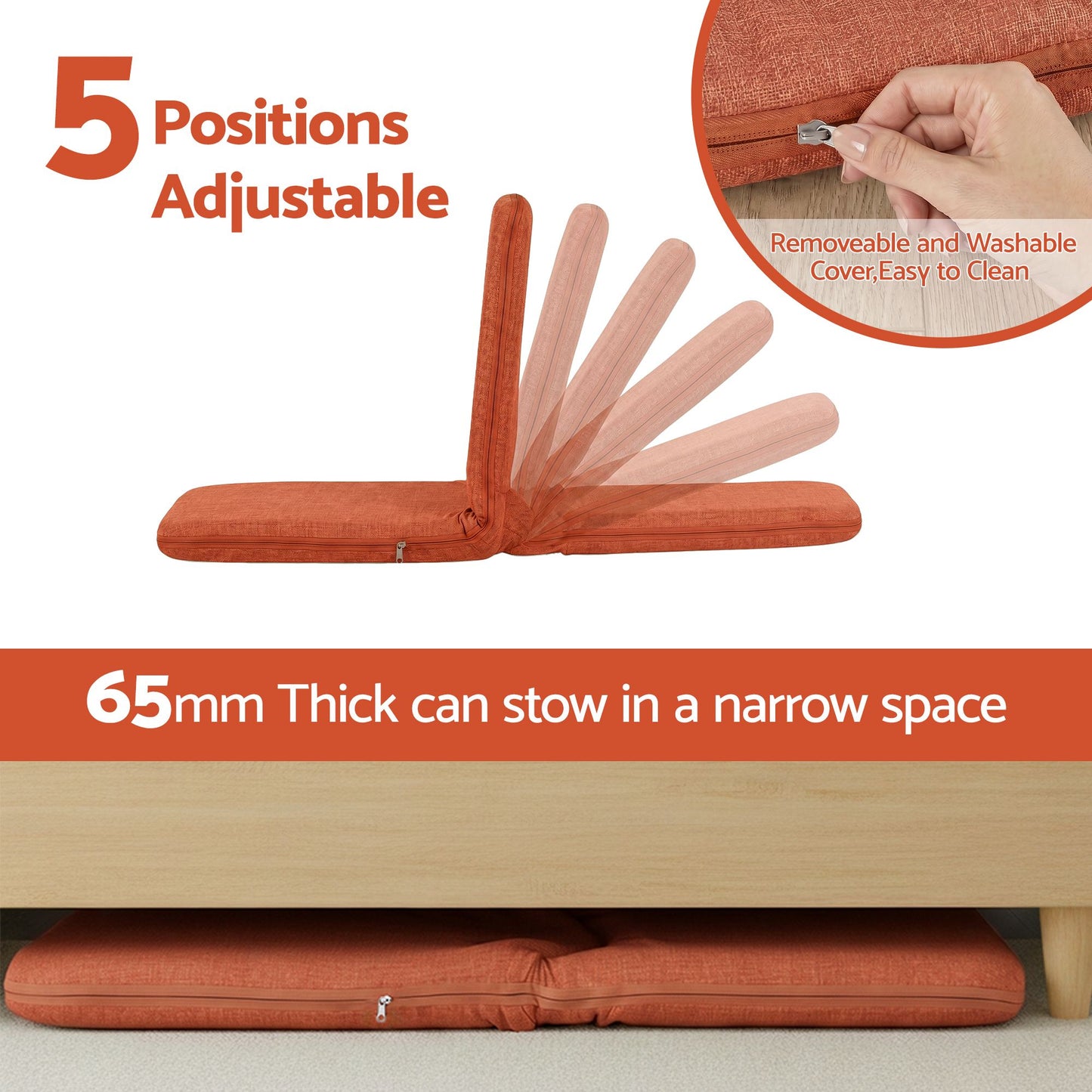 TWSC Floor Chair 5 Position Adjustable Orange Lazy Sofa for Living Room Bedroom