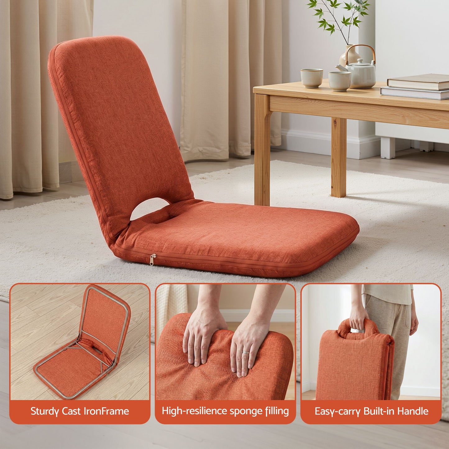 TWSC Floor Chair 5 Position Adjustable Orange Lazy Sofa for Living Room Bedroom