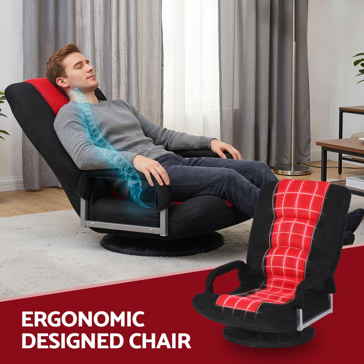 TWSC Floor Gaming Chair with 360 Swivel, 6-Position Backrest for Gaming