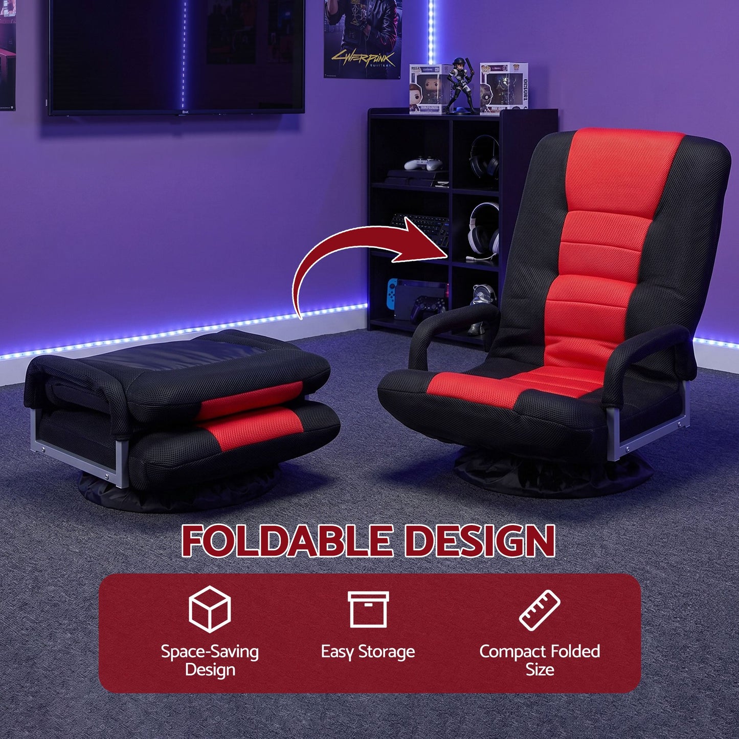 TWSC Floor Gaming Chair with 360 Swivel, 6-Position Backrest for Gaming