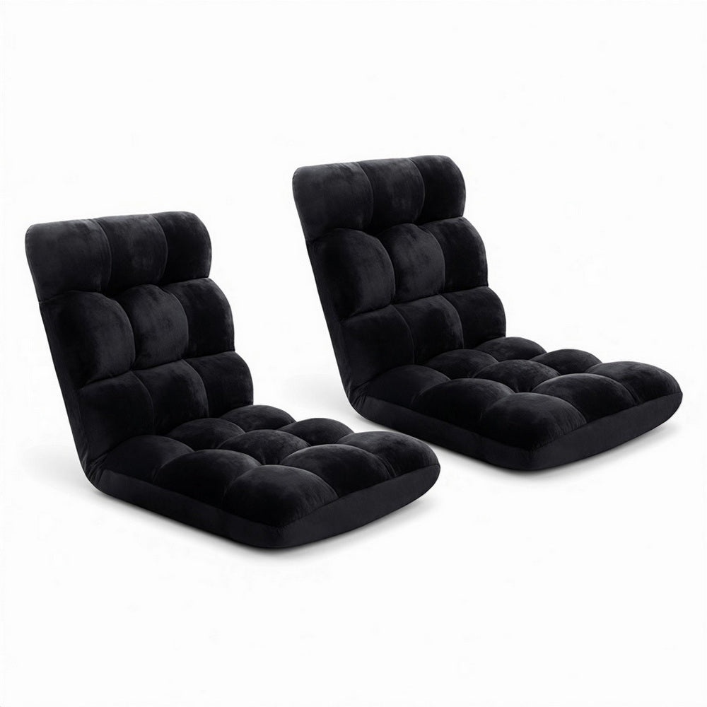 Lounge Sofa Bed – Adjustable, Flannel Fabric, Black (Set of 2)