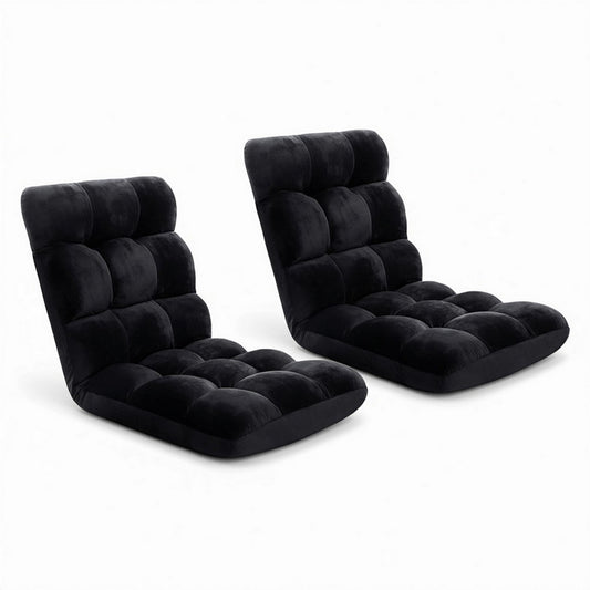 Lounge Sofa Bed – Adjustable, Flannel Fabric, Black (Set of 2)