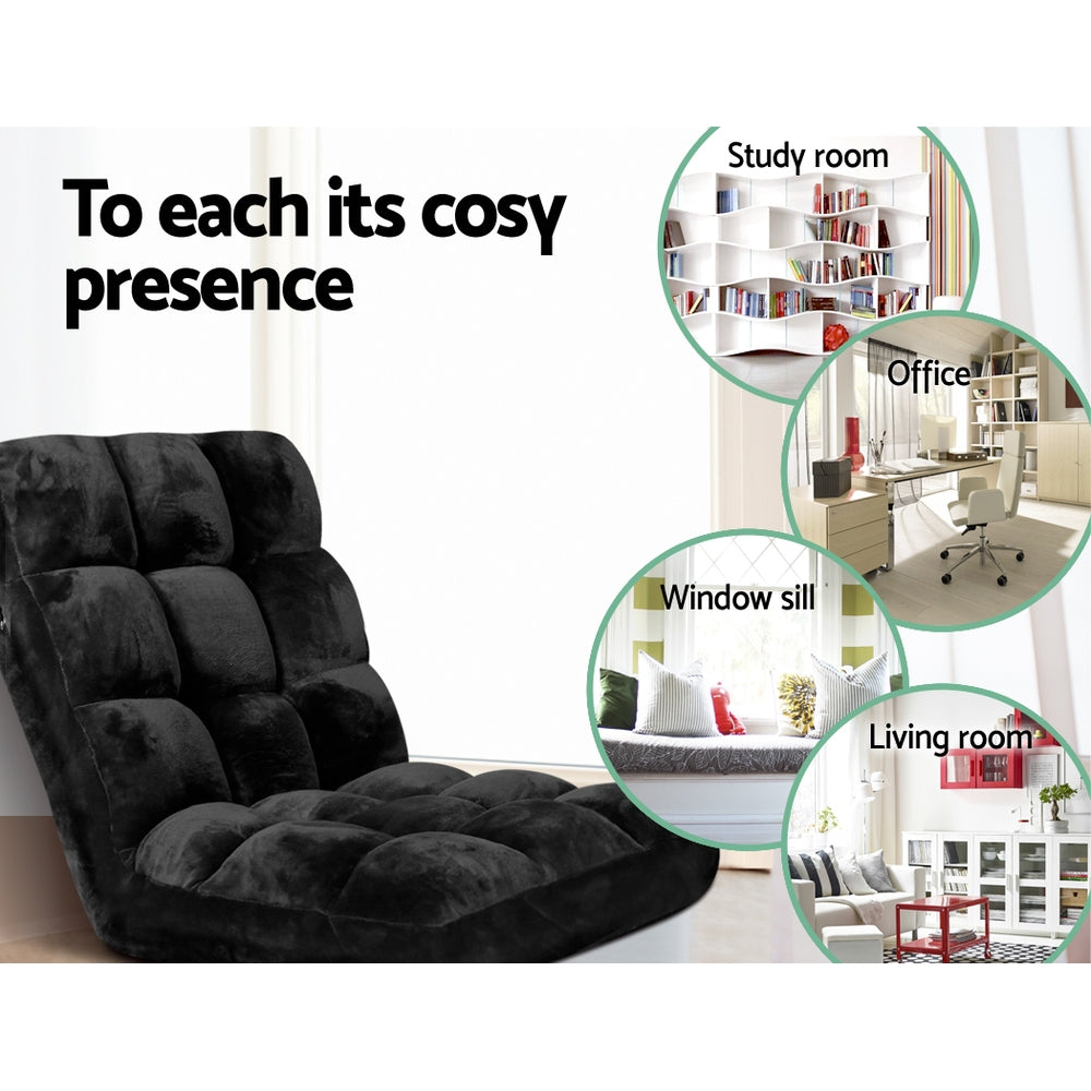 Lounge Sofa Bed – Adjustable, Flannel Fabric, Black (Set of 2)