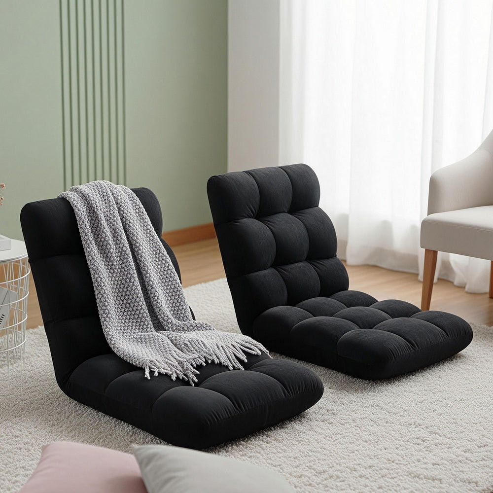 Lounge Sofa Bed – Adjustable, Flannel Fabric, Black (Set of 2)