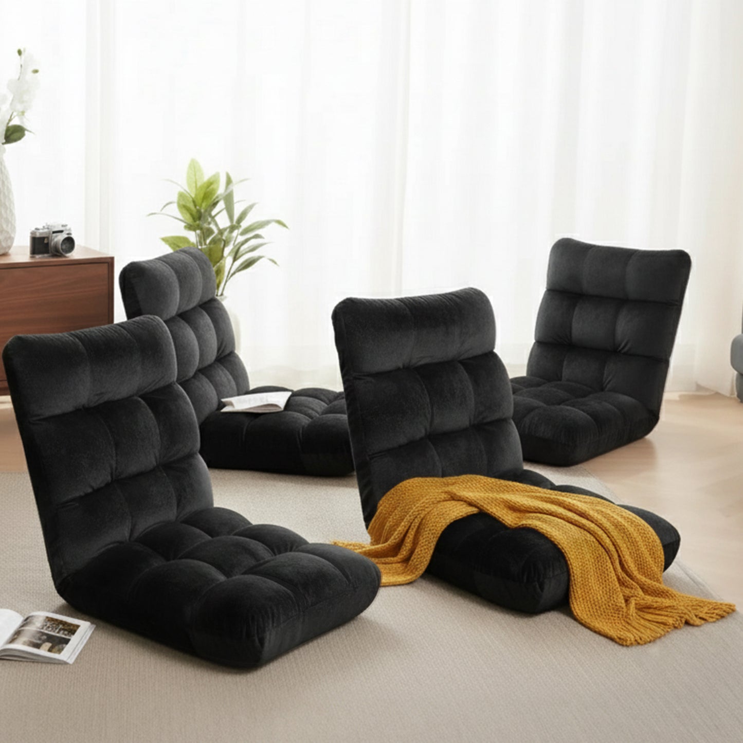 Lounge Sofa Bed – Adjustable, Flannel Fabric, Black (Set of 4)