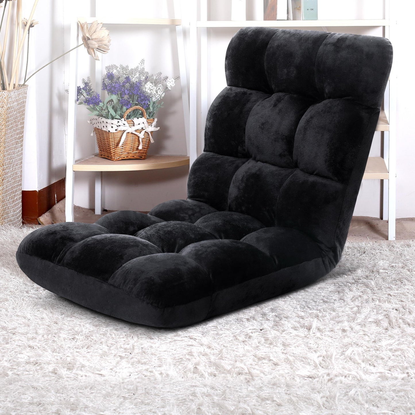 Lounge Sofa Bed – Adjustable, Flannel Fabric, Black (Set of 4)